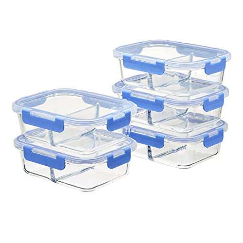 Amazon Basics Meal-Prep-Behälter aus Glas mit Unterteilung, 1065 ml, 10-teiliges Set, 5 Behälter und 5 BPA-freie Deckel (Prime)