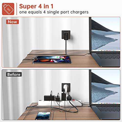 Rosaking USB C Ladegerät 200W, GaN III Tech Schnellladegerät, 4 Ports USB C Schnellladegerät für MacBook Air