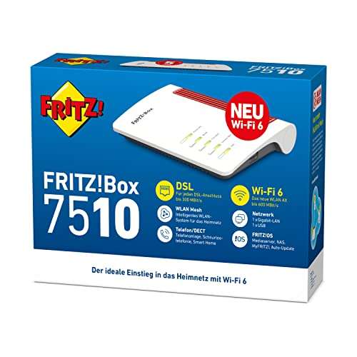 AVM FRITZ!Box 7510 (Wi-Fi 6 Router (WLAN AX), bis zu 600 MBit/s (2,4 GHz), VDSL-Supervectoring 35b bis zu 300 MBit/s, WLAN Mesh) [Amazon]