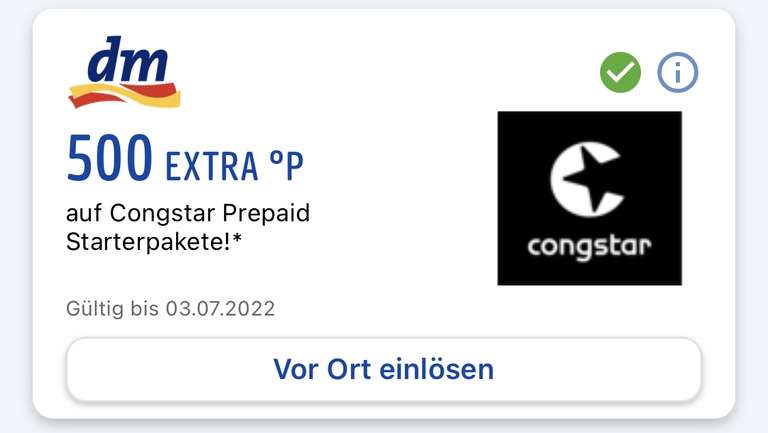[dm/personalisiert] congstar Prepaid Starterpakete reduziert + 500 Payback Punkte durch Online Coupon in der App, effektiv nur 2,95€
