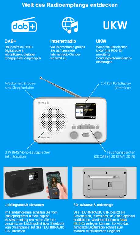 TechniSat TechniRadio 6 IR Digitalradio | DAB+, UKW, Internetradio | Bluetooth, WLAN | 2.4" Farbdisplay | 3.5mm Klinke | schwarz oder weiß