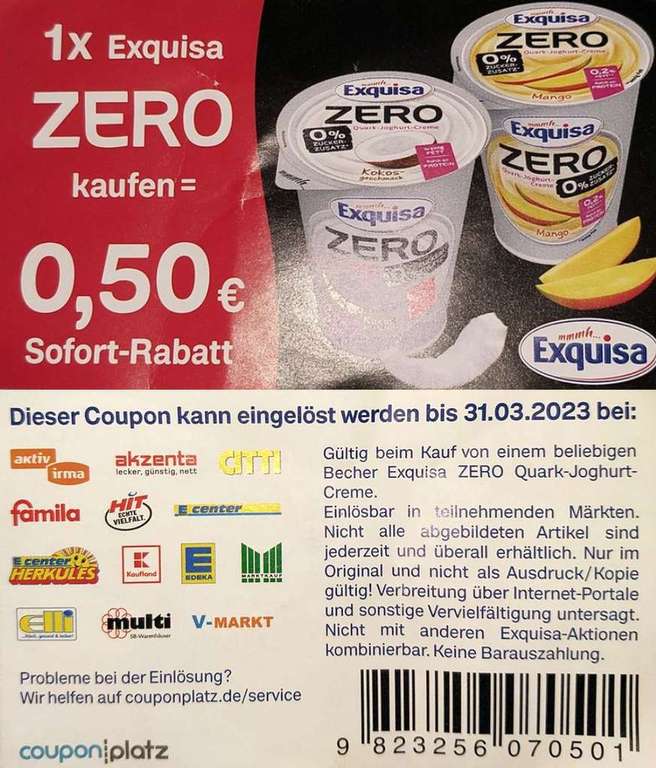 [Neckarsulm] Kaufland: Exquisa Zero Joghurt-Creme 400g für 0,37€ (Angebot+Coupon)