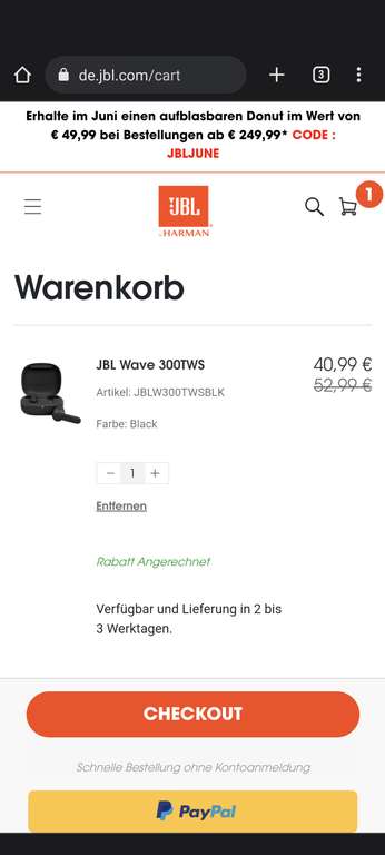 JBL Wave 300TWS in schwarz mit CB für 32,79€