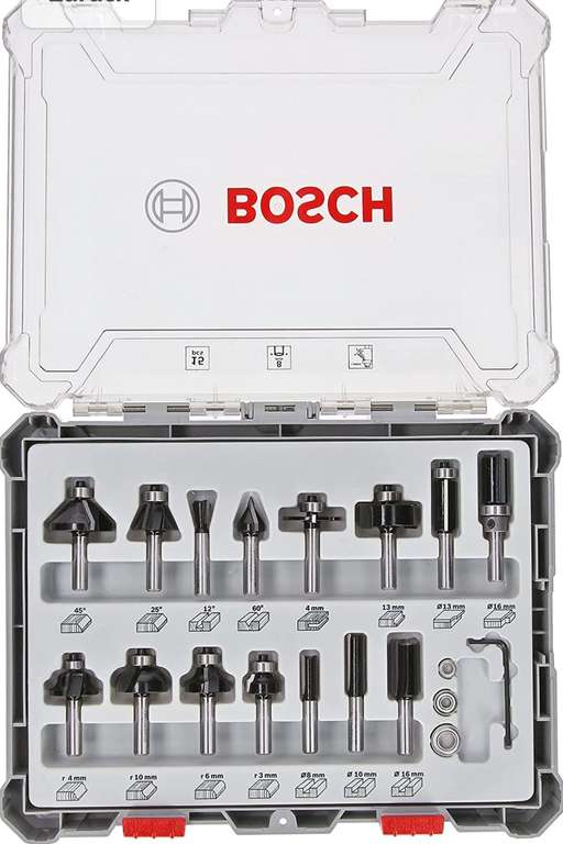 Bosch Professional 15tlg. Fräser Set Mixed (für Holz, Zubehör Oberfräsen mit 8 mm Schaft) PRIME