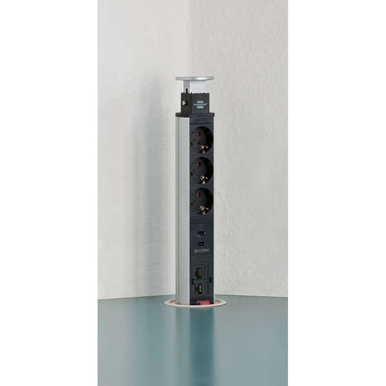 Brennenstuhl Tower Power versenkbare Tischsteckdose | 3x Steckdosen | 2x USB-A | 2x RJ45 LAN | 2m Kabel | Aluminium-Gehäus | Ø60mm Bohrung