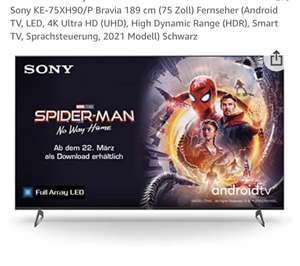 Sony KE-75XH90/P Bravia 189 cm (75 Zoll) TV (Android TV, LED, 4K UHD, HDR, Smart TV, Sprachsteuerung, 2021 Modell) Schwarz