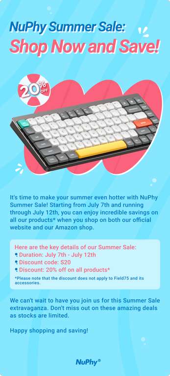 20% Summer-Sale bei NuPhy auf fast alles (Tastaturen, Mauspads, Keycaps, Switches)