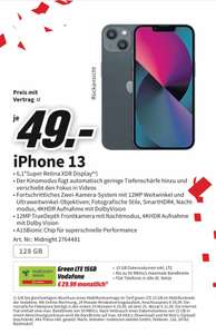 [Lokal](Media Markt Bergisch Gladbach) iPhone 13 128GB im Debitel Vodafone (15GB LTE 50Mbit, Allnet/SMS) mtl. 29,99€ einm. 49€