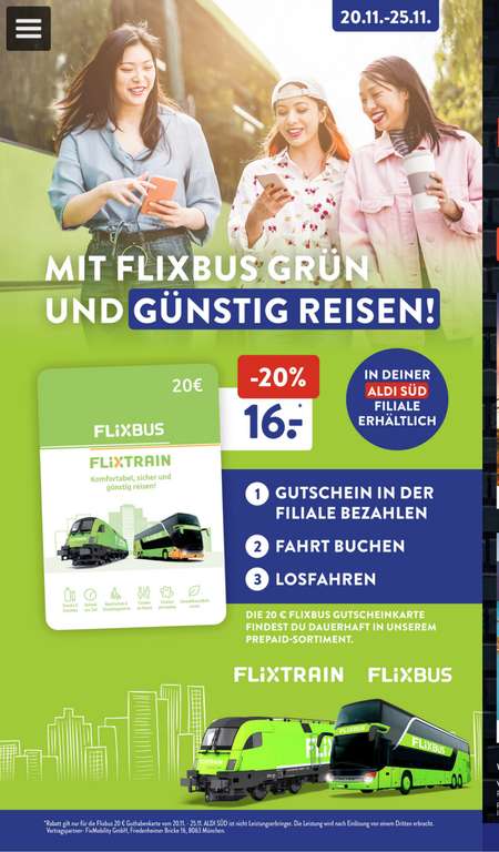 [ALDI Süd] Flixbus und Flixtrain Guthaben -20%