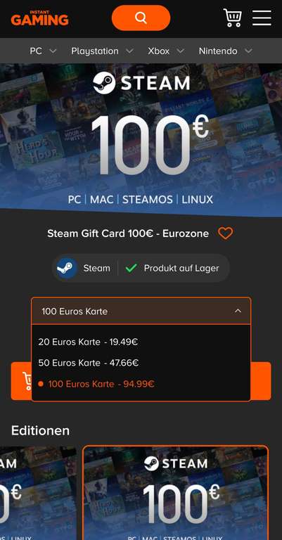 EU Steam Guthaben vergünstigt kaufen - z.B.: 100€ für 94,99€