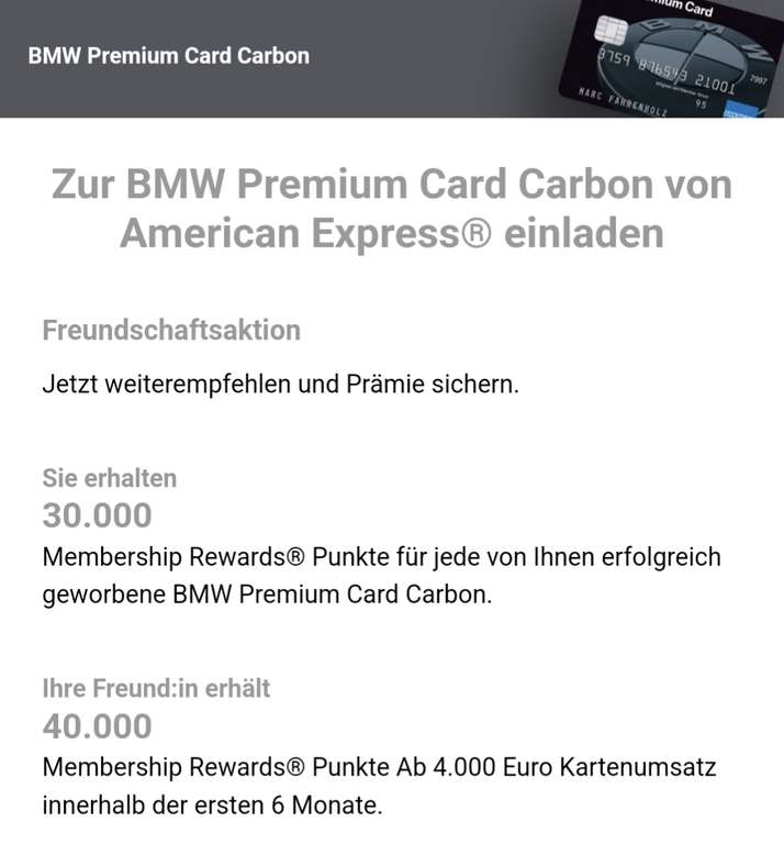 [BMW KWK] BMW Amex Premium Carbon Card 40.000 Membership-Rewards für Geworbenen, 30.000 Membership-Rewards für Werber*in