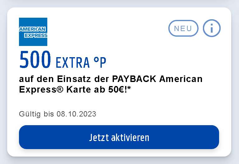 [Payback American Express Karte] 500 EXTRA-Punkte (5,- €) auf den Einsatz der PAYBACK American Express Karte ab 50,- € (Personalisiert)