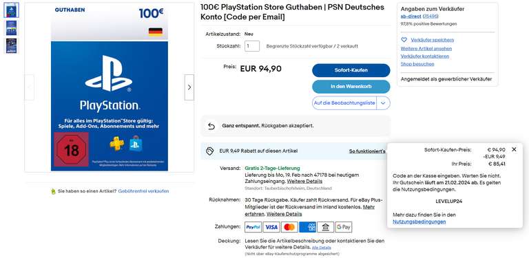 10€ PlayStation Store Guthaben  PSN Deutsches Konto [Code per Email] :  : Games