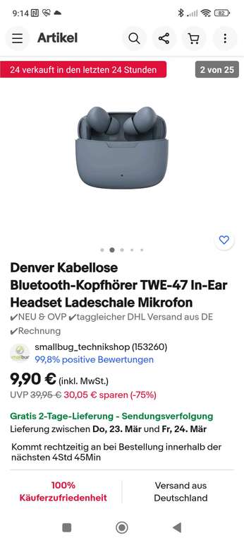 Denver Kabellose Bluetooth-Kopfhörer TWE-47 In-Ear Headset Ladeschale Mikrofon