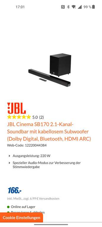 [Lokal Siegen] JBL Cinema SB170 2.1-Kanal-Soundbar mit kabellosem Subwoofer (Dolby Digital, Bluetooth, HDMI ARC) 172,99 (bei Abholung 166,-)