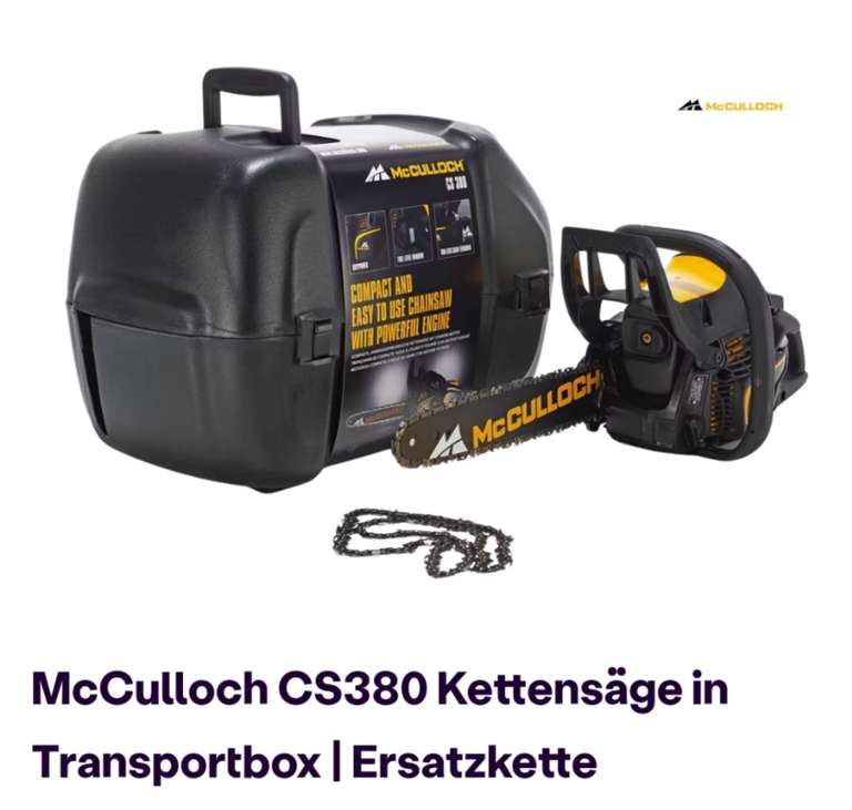 McCulloch CS380 Kettensäge in Transportbox | Ersatzkette für 138,90€ anstatt 219,99€