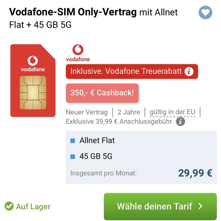 Vodafone Sim Only GigaKombi 350€ Cashback: Smart Lite 45GB mit Allnet/SMS Flat. Effektiv 11,24€/Monat