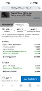 (Check24/Logitel/Freenet/RNM) iPhone 15 Pro Max 256GB|Green LTE 40GB Telekom Netz