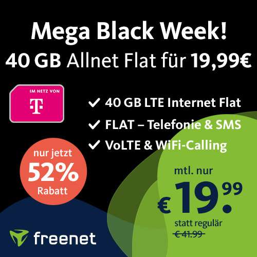 [Telekom] 12GB Tarif von freenet für mtl. 9,99€ + 19,99€ AG mit Telefonie-Flat | 20GB für 12,99€ | 30GB für 14,99€ | 40GB für 19,99€