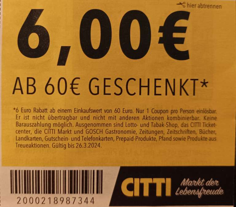 [Citti Märkte/Norddeutschland] 6€ Rabatt ab 60€ Einkaufswert