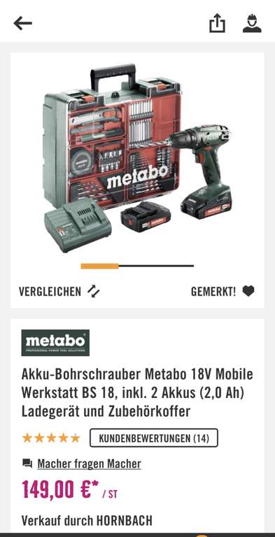 Hornbach TPG 120,56 € Metabo Set Akkuschrauber 18 V 2Akkus usw.