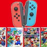 Nintendo Switch Joy Con ver. Farben + Mario Wonder, Mario Kart 8 Deluxe, Mario Party Superstars, Mario Party oder Switch Sports für 99,99€