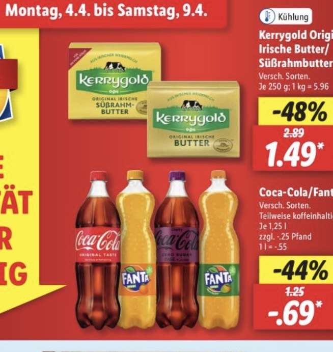 Coca-Cola und Fanta diverse Sorten ab 4.4 für 0,69€ (1,25L) bei LIDL