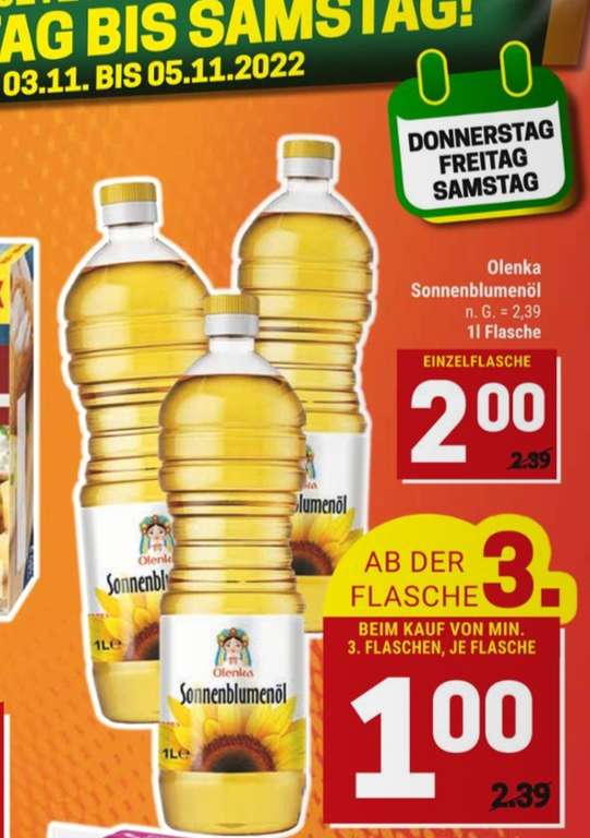 [Marktkauf Minden-Hannover] Sonnenblumenöl 1 Liter-Flasche (ab 3 Flaschen)