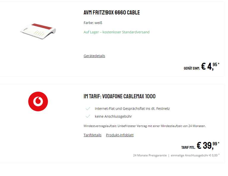 [Sparhandy] Vodafone CableMax 1000 für 39,99 Eur/Monat + AVM FRITZ!Box 6660 Cable für 4,95 Eur Zuzahlung