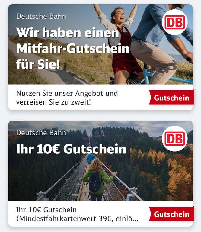 Kurzfristige DB Bahn Gutscheine 10€ / 15€ / DB Mitfahrer - bis 16.10.2023 gültig