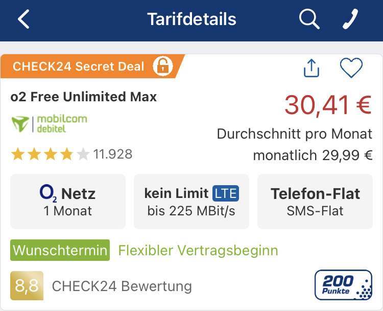 Secret Deal bei CHECK24: MD O2 Free Unlimited Max (nur SIM)
