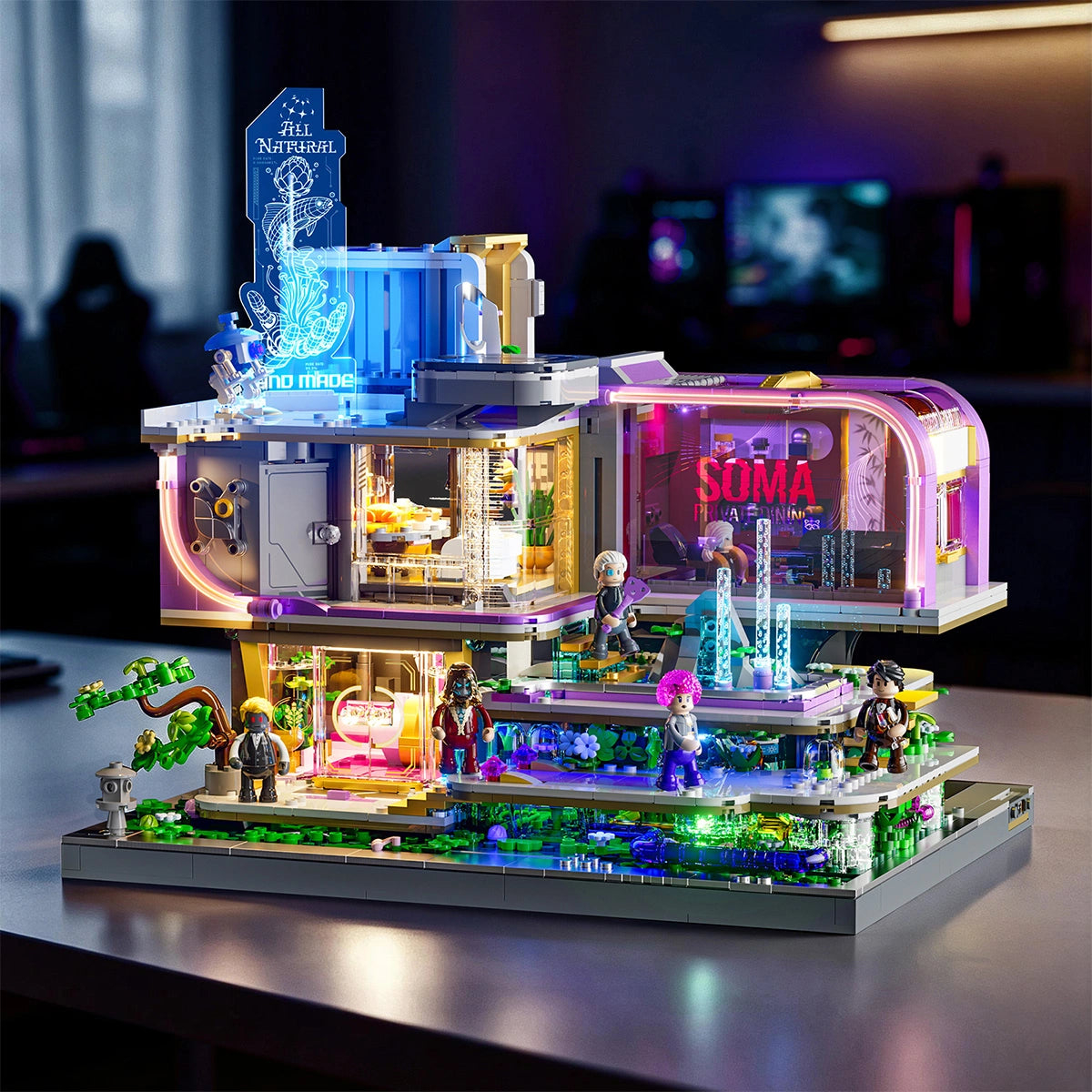 Lumibricks / Funwhole Neon Elite Lounge / Cyberpunk | Set 17013 - aus 2.167 GoBricks Klemmbausteinen mit integrierter LED-Beleuchtung