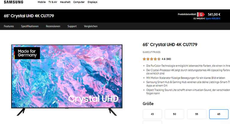 65 Zoll TV/Fernseher von Samsung Crystal UHD 4K CU7179 (2023) (Corporate Benefits)