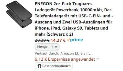 ENEGON 2er-Pack Powerbanks mit je 10000 mAh - Durch 30% Gutschein = 1 Powerbank 7,14 € (Prime)