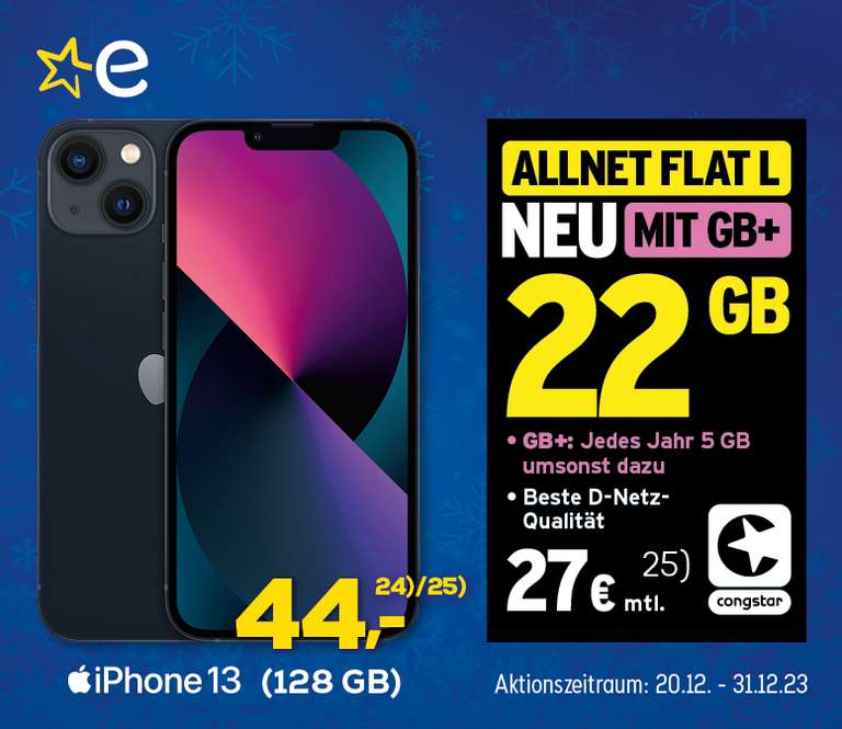 Verlängert bis 07.01.24 iPhone 13/ Samsung S23 mit Congstar Allnet Flat L (mtl. 27 €) für nur 44 € Zuzahlung (Lokal Euronics)