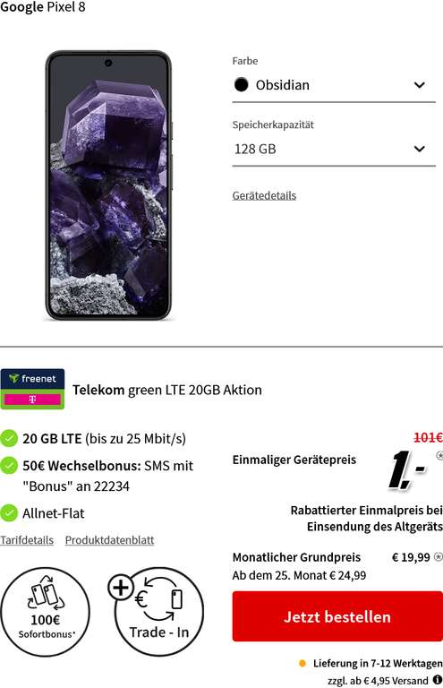 Trade in Aktion mit O2/Telekom/Vodafone Netz: Google Pixel 8 (128GB) ab 14,99€/Monat, 1€ Zuzahlung durch 100€ Direktabzug