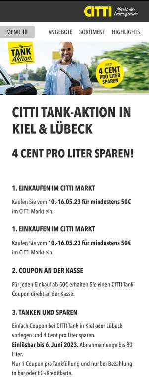 CITTI Tank-Aktion in Kiel & Lübeck, 4 Cent pro Liter sparen!