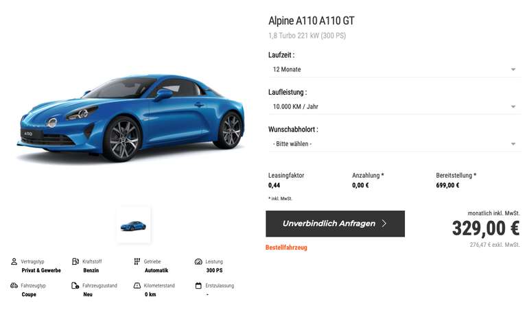 Alpine A110 GT Coupe mit 300PS / 329€ monatlich / 10.000km / 699€ ÜF / LF 0,44, 12 Monate Laufzeit / GK 4647€ / (Privat- & Gewerbeleasing)