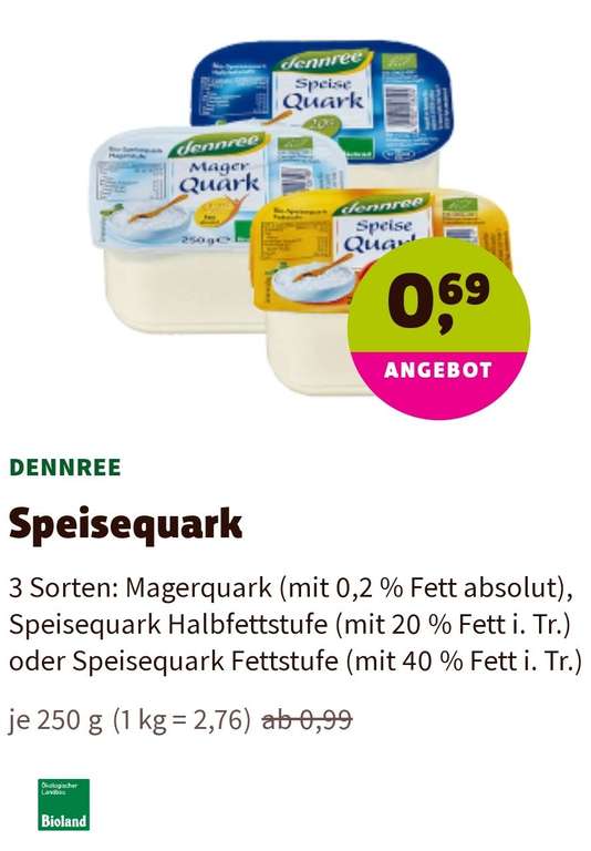 dennree Bioland Quark 250g für 0,69€ - Magerquark, 20% und 40%