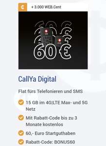 [WEB.Cent] bis zu 30€ Cashback, Vodafone Prepaid CallYa Digital 12 Wochen eSIM 4free mit 60€ Guthaben (15GB, Allnet-&SMS-Flat, VoLTE, 5G)