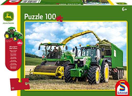 Schmidt Spiele Puzzle 56315 John Deere 6195M und Feldhäcksler 8500i, 100 Teile Kinderpuzzle mit Siku Traktor, ab 6 Jahren (Prime)