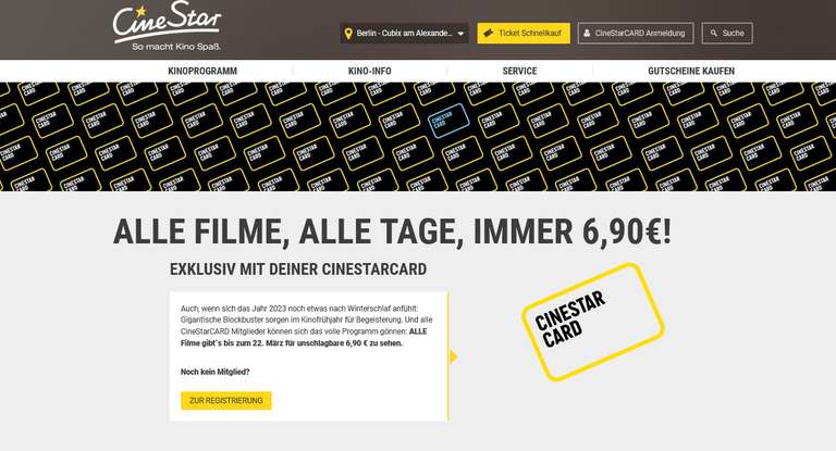 Cinestar Card Kunden jeder Film für 6,90 bis 22.03. - in teilnehmenden Kinos
