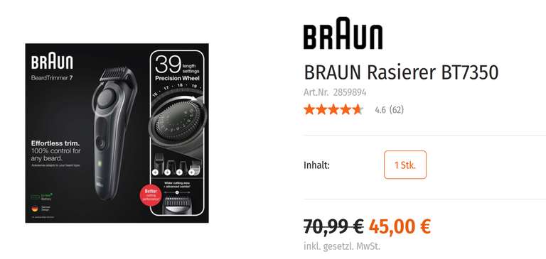 Braun Barttrimmer 7 BT7350 für 45€ bei Müller Fillialabholung