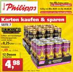 Kartonpreise bei Thomas Philipps: Rockstar Energy 41½ Ct., Sanpellegrino Limo 37 Ct., Efes Pils 50 Ct., Apfelmus, Tomaten & Gurken.