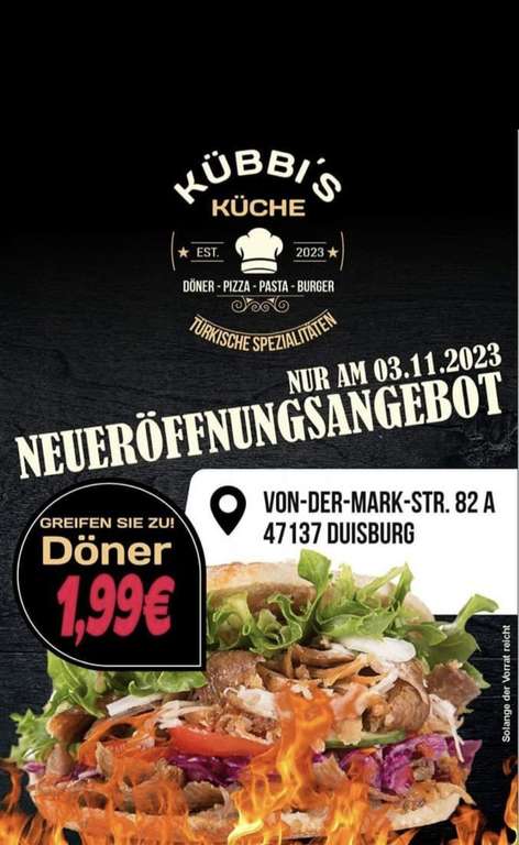 Lokal Duisburg Kübbi's Küche Neueröffnungsangebot am 03.11.Döner für 1,99 €