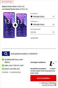 O2 Doppel SIM Aktion: 2 x Xiaomi Redmi Note 13 Pro+ 5G 512GB und 2 x Allnet/SMS Flat 25GB 5G für 29,98€/Monat, 1€ Zuzahlung, 30€ Shoop