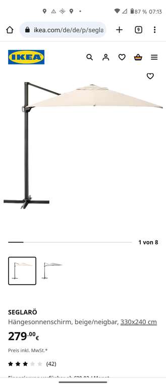 Lokal: SEGLARÖ Hängesonnenschirm, beige/neigbar, 330x240 cm Eching bei Minga