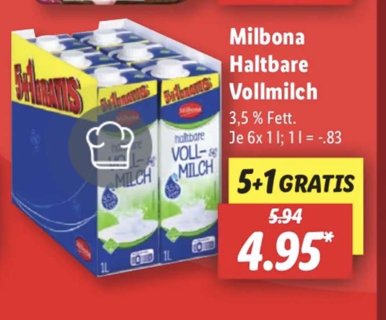 [Lidl] Milbona haltbare Vollmilch (3.5% Fett) 6x1 Liter