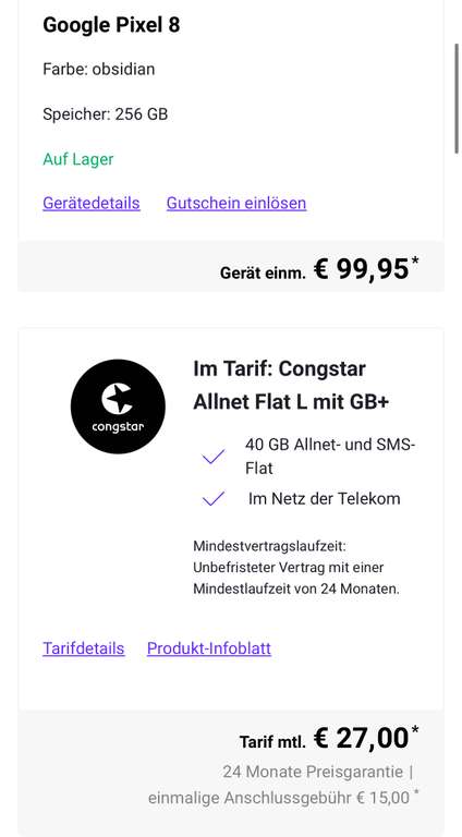 Deinhandy Congstar Allnet Flat L mit GB+ 40 GB Google Pixel 8 Farbe: obsidian Speicher: 256 GB 99,95€