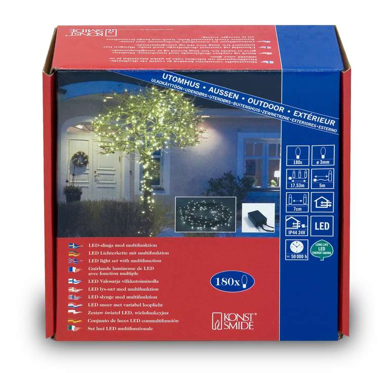 Konstsmide Micro LED Lichterkette – 17.2 M, 288 Warmweiße LEDs, 8 Funktionen, IP44 Für Draußen